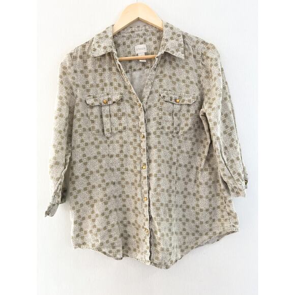 Chico's 100% Linen Button Down Blouse sz Medium Lagenlook Medallion 3/4 Sleeve - Picture 1 of 6